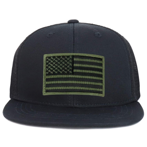 Armycrew Youth Kid's Olive American Flag Patch Flat Bill Snapback Trucker Cap - Black Black