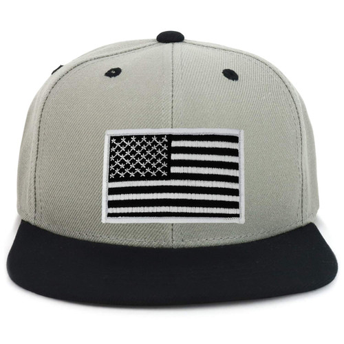 Armycrew Youth Kid's Black White American Flag Patch Flat Bill Snapback 2-Tone Baseball Cap - Grey Black