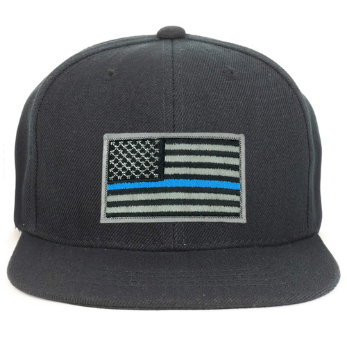 Armycrew Youth Kid Size Thin Blue Line American Flag Patch Flat Bill Snapback Baseball Cap - Black