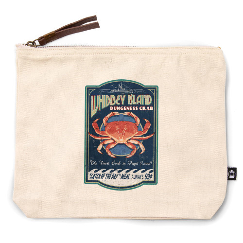 Lantern Press Whidbey Island, Washington, Dungeness Crab, Vintage Sign, Contour (100% Cotton Canvas Travel Accessory Go Bag)