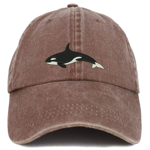 Trendy Apparel Shop Orca Killer Whale Embroidered Washed Cotton Adjustable Cap - Chocolate
