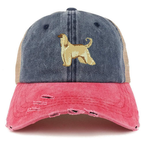 Trendy Apparel Shop Afghan Hound Dog Embroidered Frayed Bill Trucker Mesh Back Cap - Navy RED