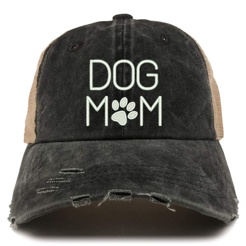 Trendy Apparel Shop Dog Mom with Paw Embroidered Frayed Bill Trucker Mesh Back Cap - Black