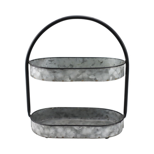 PHILPETY Vintage Small Tray Stand Rustic Galvanized Metal 2 Tier Serving Tray for Cupcake, Dessert, Appetizers, Fruit