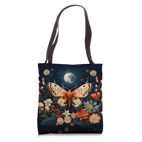 Beautiful Moth Flowers Moon Starry Night Tote Bag