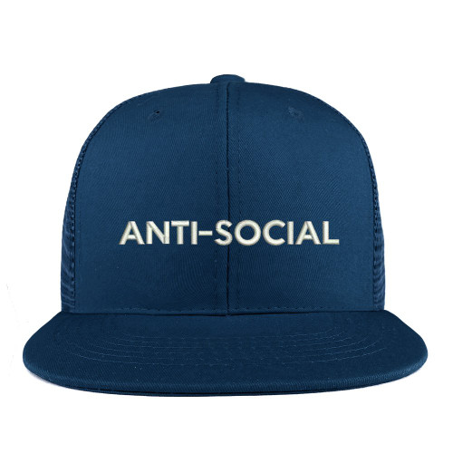 Trendy Apparel Shop Anti Social Embroidered Cotton Flat Bill Mesh Back Trucker Cap - Navy