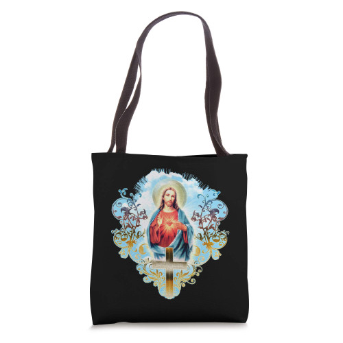 Sacred Heart of Jesus Christ Vintage Cross Catholic Tote Bag