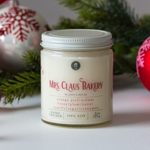 Mrs. Claus Bakery Scented Candle Gift for Mom | Long Lasting Christmas Soy Candle Walnut + Honey + Orange + Cinnamon 8 oz. Stocking Stuffer