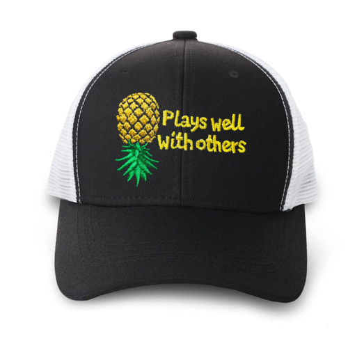 Heucapc Upside Down Pineapple Hat Plays Well with Others Embroidered Trucker Hats Adjustable Mesh Baseball Cap