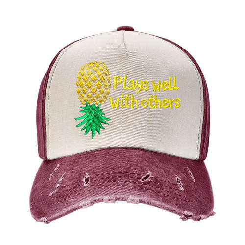 Upside Down Pineapple Hat Plays Well with Others Vintage Distressed Baseball Cap Adjustable Embroidery Denim Hats Red