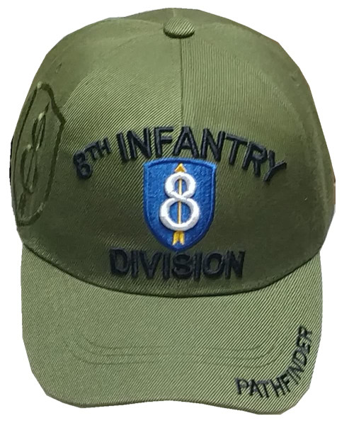 8th Infantry Division (Emblem) (Pathfinder on Bill) (Black Letters) Baseball Cap (Green)