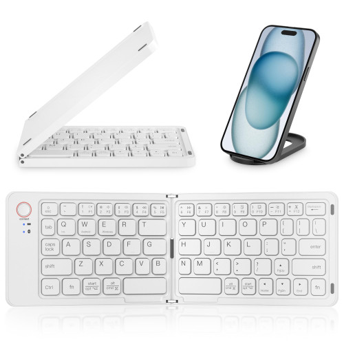 JPHTEK Mini Foldable Bluetooth Keyboard - Portable Wireless Full Size Keyboard (Sync Up to 3 Devices), Ultra-Slim Aluminum Travel Folding Keyboard for iPhone iPad Mac Android Windows iOS, White