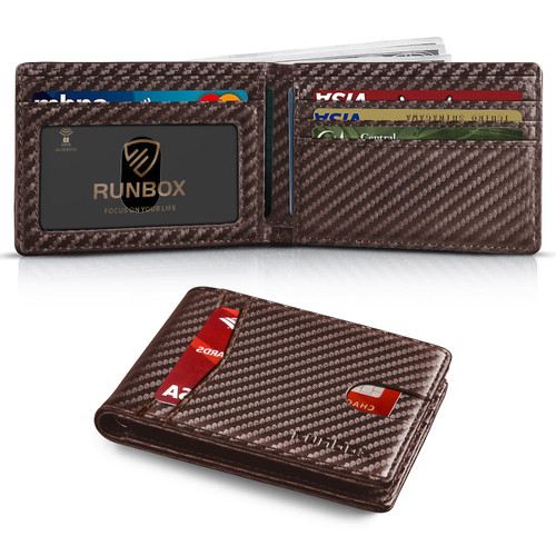RUNBOX Wallet for Men Slim 8 Credit Card Holder Slots Leather RFID Blocking Small Thin Men's Wallet Bifold Minimalist Front Pocket Large Capacity Gift Box Carbon Coffee