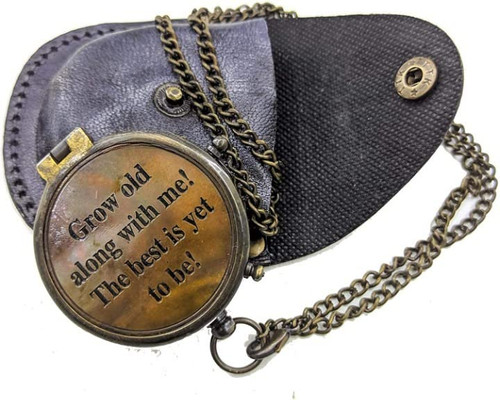Brass Engraved Compass 'Grow Old Along with me | Pocket Compass with Leather Pouch, Marine Direction Compass for Everyone