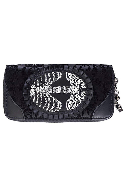 Lost Queen Goth Steampunk Flocked Ribcage Skeleton Cameo Zip Around Wallet