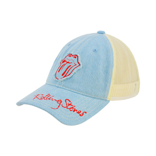 The Rolling Stones Men's Trucker Hat, Lips Logo Adjustable Snapback Baseball Cap with Curved Brim, Denim, One Size