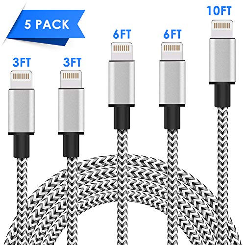 MFi Certified Lightning Cable 5Pack 3FT 3FT 6FT 6FT 10FT Nylon Braided USB Fast Charging& Syncing Cord Compatible iPhone C
