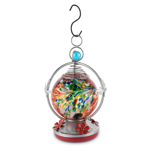 Backyard Expressions Glass Hummingbird Feeder - Red - Hummingbird Feeders for Outdoors Hanging, Hand Blown Glass Hummingbird Feeder with Spiral Pattern