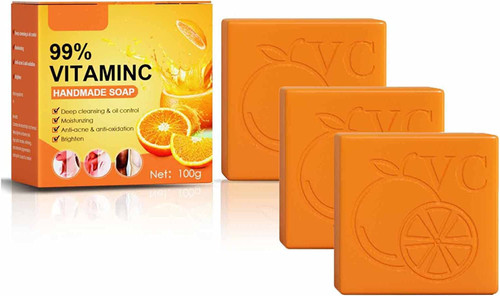 Qklovni Natural Orange Vitamin C Handmade Soap, with 99% Vitamin C and Orange Extract, for Face & Body Exfoliate Moisturizing Whitening Care, 100g (3pcs)