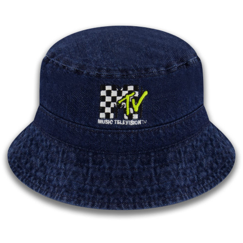 Concept One MTV Checkered Logo Bucket Hat, Packable Travel Hat, Wide Brim Summer Hat, Blue Denim, Medium/Large