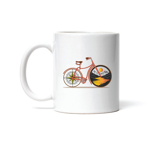Cycling Gift Idea Retro Bicycle Compass Mountains Design 11oz 15oz White Coffee Mug