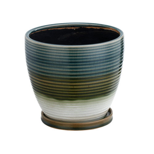 Napco Imports Ribbed Ceramic Pot with Tri-Color Blue, Green and White Glaze for Indoor Plants Planter with Saucer, 7.25 x 7.25x, Multicolor