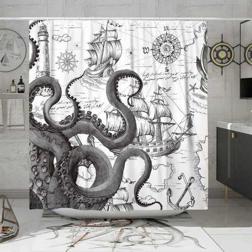 DESIHOM Gray Nautical Octopus Tall Shower Curtain Set, Funny Ocean Kraken Shower Curtains for Bathroom, Beach Coastal Pirate Map Decor Polyester Fabric-72" x 78"