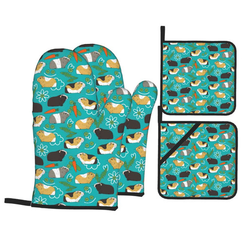 Cute Funny Guinea Pig Oven Mitts and Pot Holders Sets of 4,Heat Resistant Oven Mitts Gloves Pot Holders with Non-Slip Surface for Cooking Baking