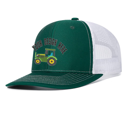 Custom Western Farm Tractor Machine 112 Trucker Hat Embroidered Design Your Owns Text Adjustable Snaps Mesh Baseball Cap Green White