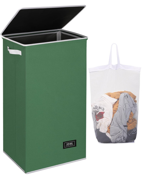 SOLEDI Laundry Hamper with Lid 100L Large & Tall Collapsible Laundry Basket, Clothes Hamper with Bag Removable Easy to Carry, Dirty Hampers for Bedroom, Bathroom, Dorm, College, Green SOLEDI Laundry Hamper with Lid 100L Large & Tall Collapsible Laundry Basket, Clothes Hamper with Bag Removable Easy to Carry, Dirty Hampers for Bedroom, Bathroom, Dorm, College, Green