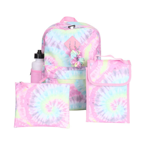 CLUB LIBBY LU Tie Dye Backpack Set for Girls, 16 inch, 6 Pieces - Includes Foldable Lunch Bag, Water Bottle, Scrunchie, & Pencil Case