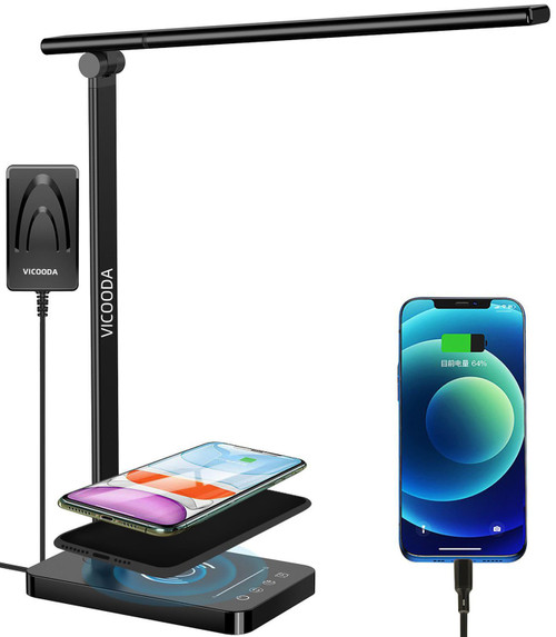 VICOODA LED Desk Lamp, Desk Lamp with Wireless Charger, USB Charging Port, Eye-Caring Table Lamp, 5 Color Modes & 7-Level Brightness, Touch Desk Light with Timer, Desk Lamps for Home Offic (Black)