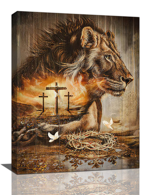 Lion of Judah Wall Art Christian Cross Pictures Wall Decor Jesus Thorn and Crown Dove Painting Vintage Religious Canvas Prints Modern Artwork Framed Decor for Home Bedroom Living Room 12"x16"