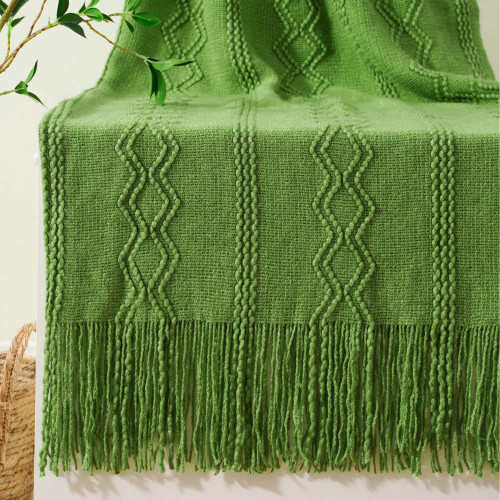 BATTILO HOME Green Throw Blanket for Couch, Cozy Knitted Decorative Fall Throw Blanket with Tassels, Soft Green Throws for Decor, 50"x60"