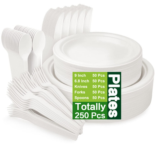 250 Piece Compostable Plates, Sugarcane Paper Plates with Extra Long Utensils, Eco Friendly Disposable Dinnerware Set Biodegradable Plates, Cups, Spoons, Fork for Party, Camping, Picnic(White)