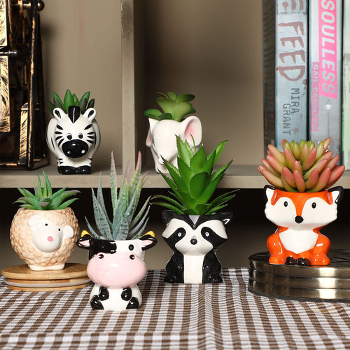 6 Pieces Cute Animal Succulent Planter Pot with Drainage Hole, Cartoon Cow Elephant Ceramic Flower Plant Pot Tiny Flower Planter Cactus Container Indoor Outdoor Office Home Decor