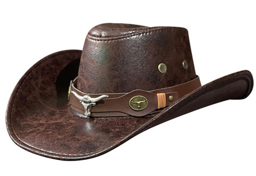 Men Women Classic Western Cowboy Cowgirl Hats with Metal Bull Head Belt PU Leather Wide Brim Hats Western Cowboy Style Hat Dark Coffee