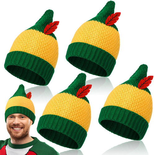 4 Pcs Knitted Santa Hat Elf Hats Christmas Hat Adults Knit Beanie Hat Skull Cap Winter Hats for Women Men (Elf Style)