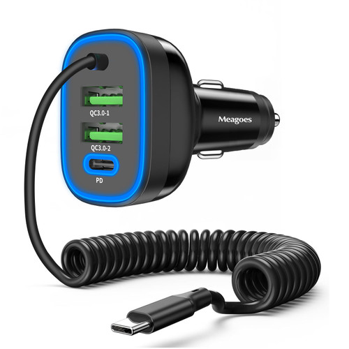 72W 4 Port USB C Super Fast Car Charger with 5ft Type C Coiled Cable Compatible for iPhone 15 Pro Max/Plus/iPad Pro, Samsung Galaxy S23 Ultra/S22/S21, Google Pixel 8 Pro, Car Phone Charger Adapter