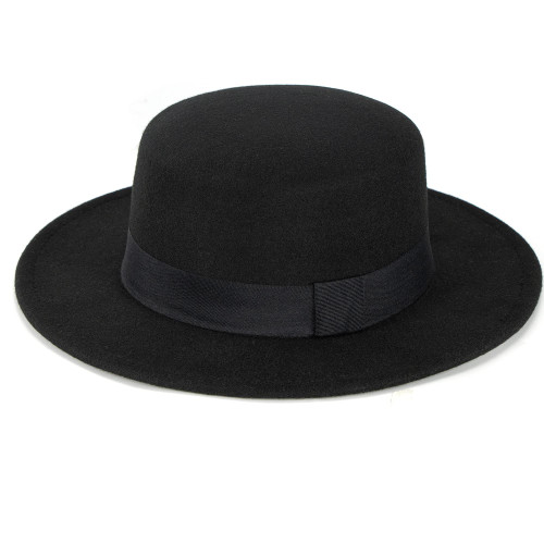 Classic Fedora Hat Flat Top Hat - Wool Felt Pork Pie Hat Wide Brim Black Church Derby Cap
