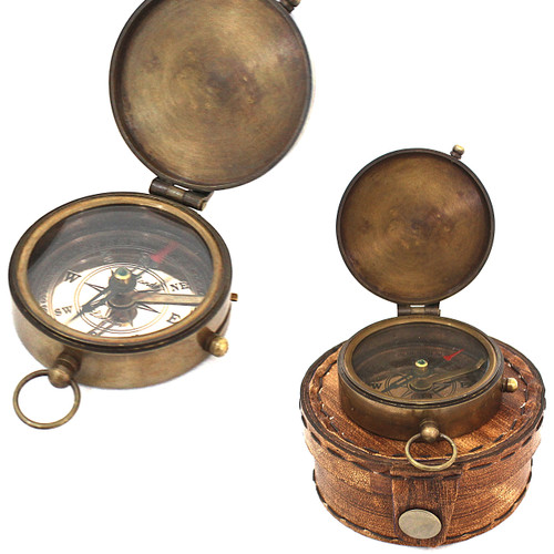 Engraved Twist Open Brass Pocket Compass W/Leather Case, Directional Magnetic Navigational Compass, Handy Pocket Size Compass Collectibles Adventure Awaits Compass