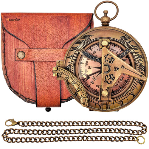Carfar Nautical Sunclock Compass Handmade Solid Brass Vintage Style Sundial Push Open Navigational Marine Nautical Compass with Leather Case