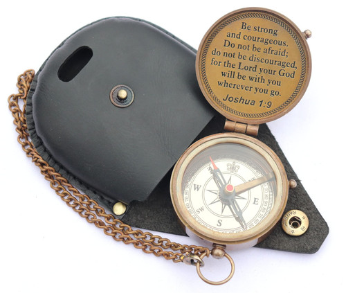 NAUTICAL GIFTS Brass Compass with Leather Case_ Be Strong and Courageous Engraved Compass, Antique Vintage Directional Compass Camping Compass, Pocket Compass with Chain NAUTICAL GIFTS Brass Compass with Leather Case_ Be Strong and Courageous Engraved Compass, Antique Vintage Directional Compass Camping Compass, Pocket Compass with Chain