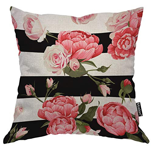 Moslion Floral Decorative Pillow Case Pink Reony and Rose Flower Green Leaves on Black White Stripes Throw Pillow Cover Square Accent Cotton Linen Home 18x18 Inch