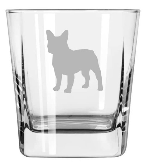 MIP Brand 12 oz Square Base Rocks Whiskey Double Old Fashioned Glass French Bulldog