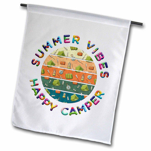 3dRose Summer Vibes Happy Camper. Green tents, first-aid boxes, compasses - Flags (fl-362448-1)
