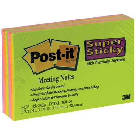 6" x 4" Assorted Neon Post-It Super Sticky Notes - Plain (8 Pads/Pack)