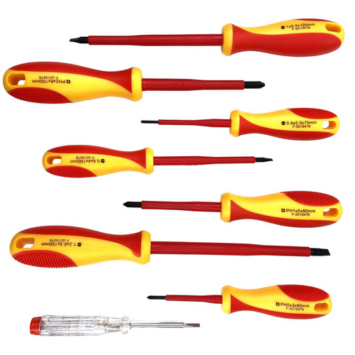 WEDO 8Pcs 1000V Insulated Screwdriver Set, Electrician Screwdriver Set, Magnetic 3 Phillips and 4 Flat Head. 1 Voltage Tester. For Fastening and Loosening Seized.