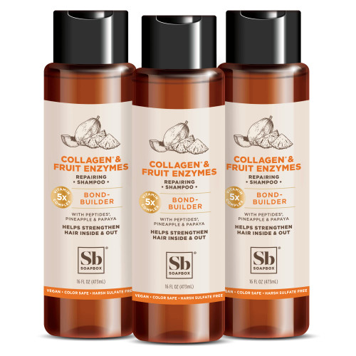 Soapbox Hair Shampoo Collagen + Fruit Enzymes Repairing Shampoo for Dry, Fine or Thin Hair | Strengthening Shampoo with Collagen and Peptides for Fuller Looking Hair, 3 Pack, 16oz Each