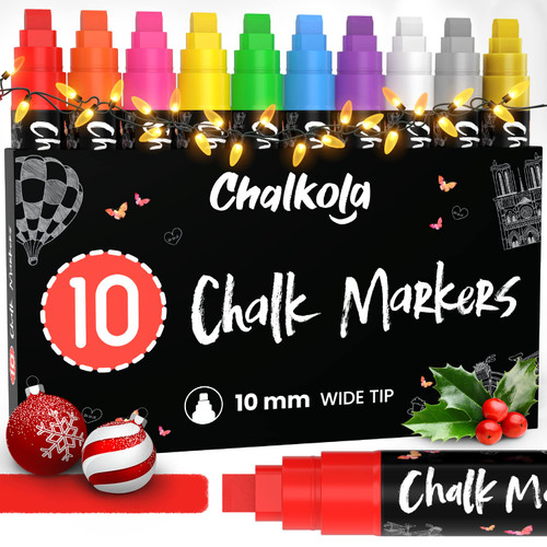 Chalkola 10mm Window Markers - 10 Chalk Pens (with Gold, Silver) - 10mm Wide Tip - Washable Liquid Chalk Markers for Blackboard, Chalkboard, Glass, Cars, Signs, Bistro - Erasable Wet Erase Markers